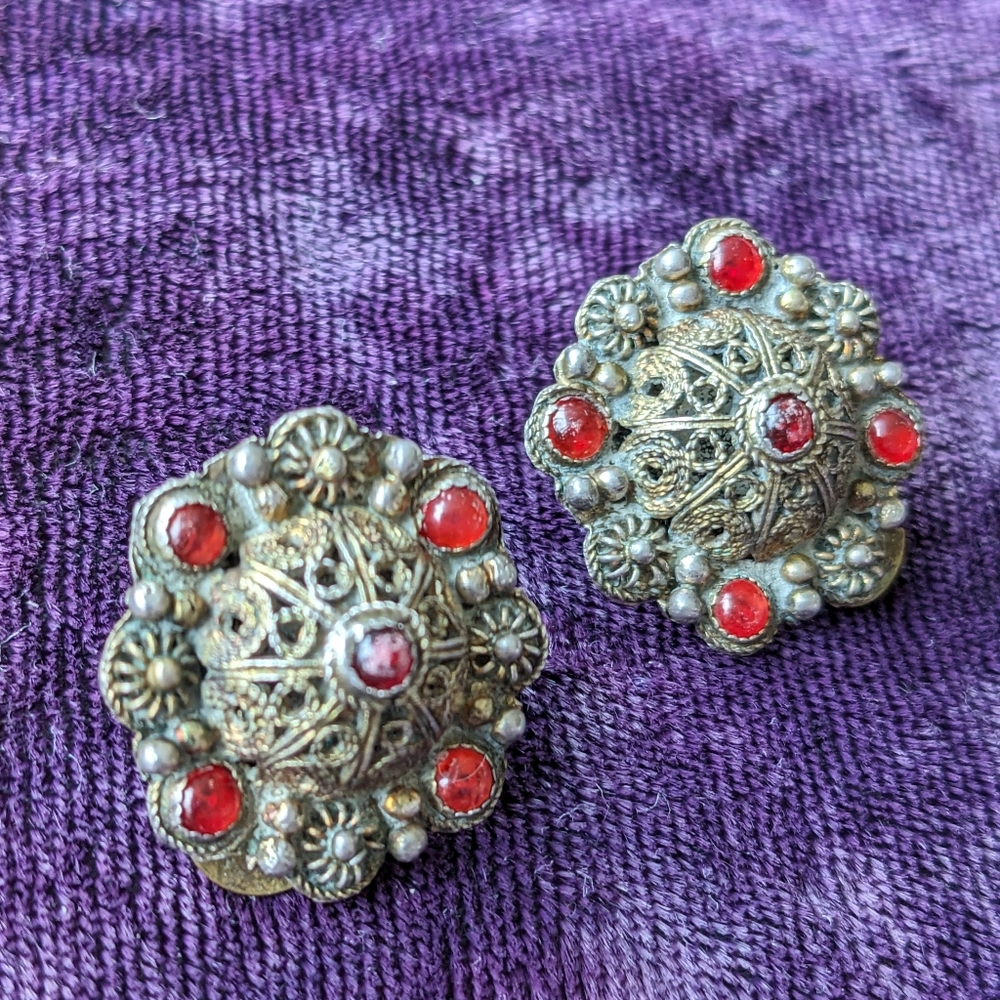 Antique 900 Silver Filigree Earrings With Red Ruby Gemstones
